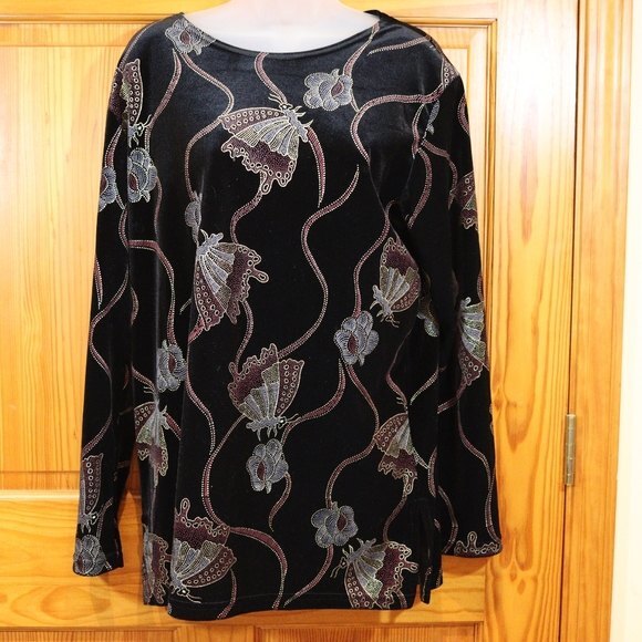 Vintage Jaipur Velour Metallic Butterfly Sparkle Long line Tunic Top LG - Picture 2 of 10
